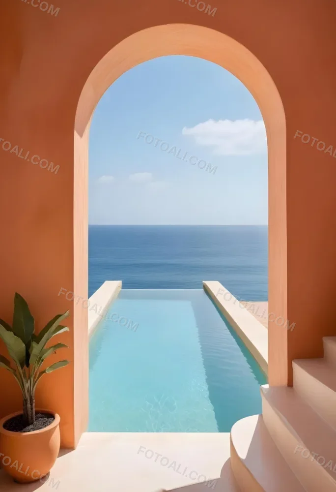 A Modern Infinity Pool Overlooking A Calm Turquoise Ocean Under A Clear Sky Framed By An Arched Doorway With Orange Walls 15 44d9