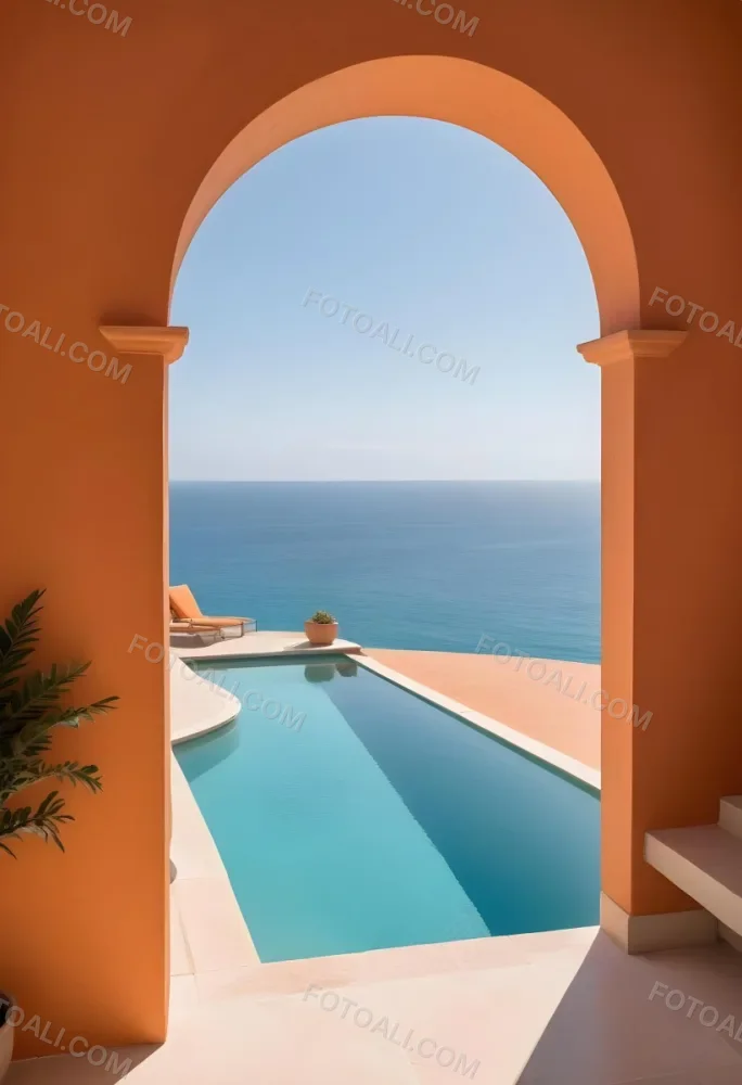 A Modern Infinity Pool Overlooking A Calm Turquoise Ocean Under A Clear Sky Framed By An Arched Doorway With Orange Walls 18 C681