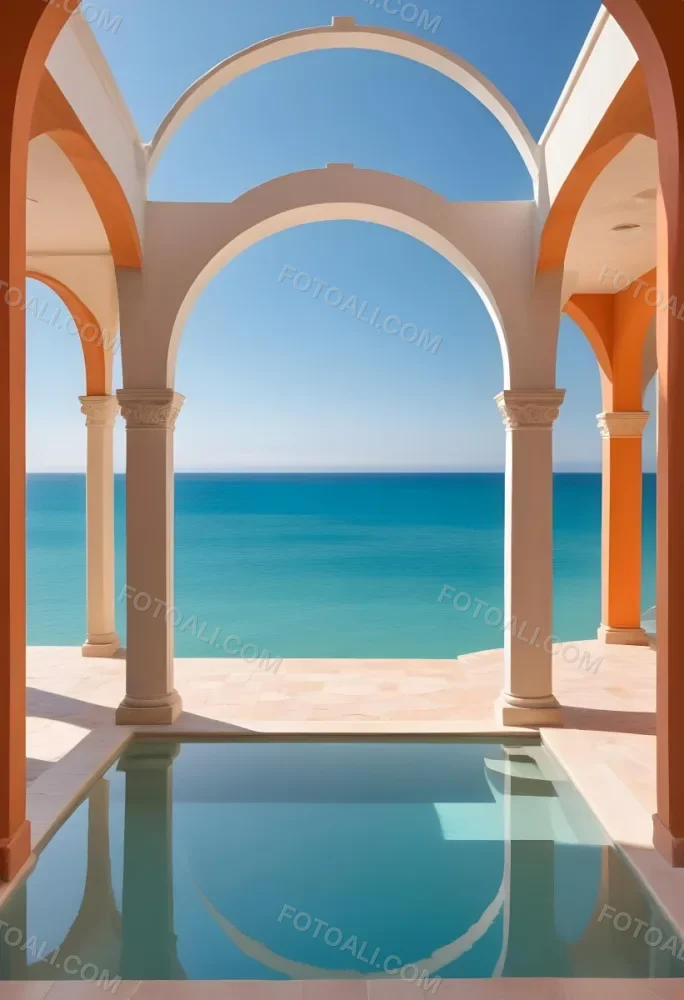 A Modern Infinity Pool Overlooking A Calm Turquoise Ocean Under A Clear Sky Framed By An Arched Doorway With Orange Walls 19 A22a