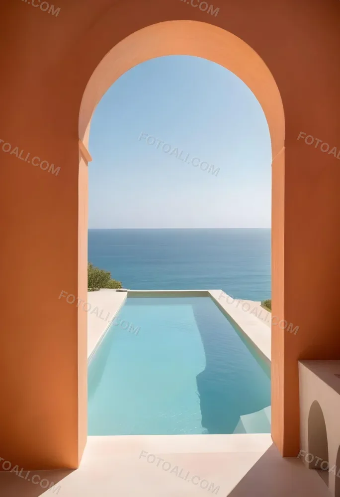 A Modern Infinity Pool Overlooking A Calm Turquoise Ocean Under A Clear Sky Framed By An Arched Doorway With Orange Walls 2 3e25