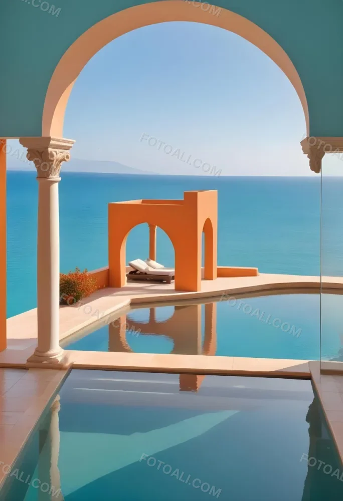 A Modern Infinity Pool Overlooking A Calm Turquoise Ocean Under A Clear Sky Framed By An Arched Doorway With Orange Walls 20 Da70