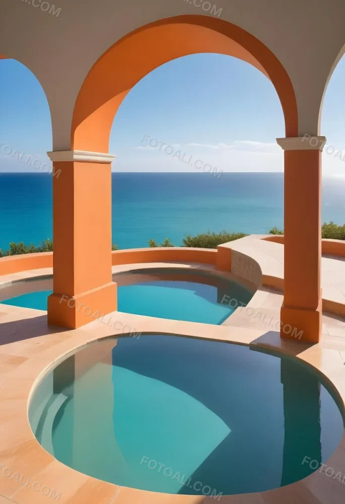 A Modern Infinity Pool Overlooking A Calm Turquoise Ocean Under A Clear Sky Framed By An Arched Doorway With Orange Walls 22 Fde5