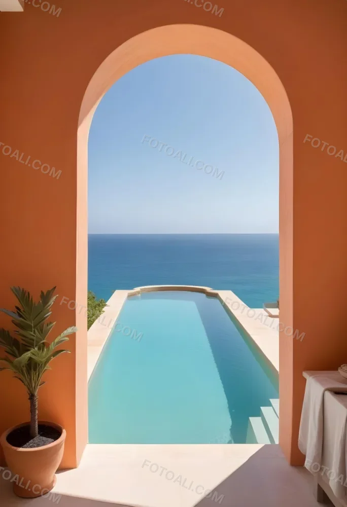 A Modern Infinity Pool Overlooking A Calm Turquoise Ocean Under A Clear Sky Framed By An Arched Doorway With Orange Walls 23 E7b9