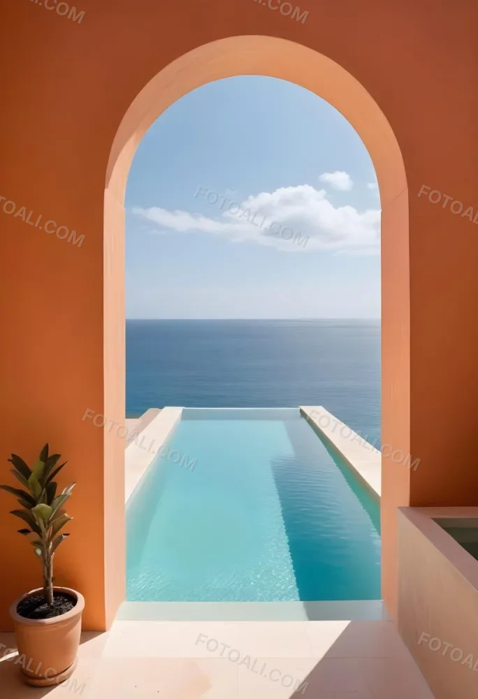 A Modern Infinity Pool Overlooking A Calm Turquoise Ocean Under A Clear Sky Framed By An Arched Doorway With Orange Walls 24 4c27