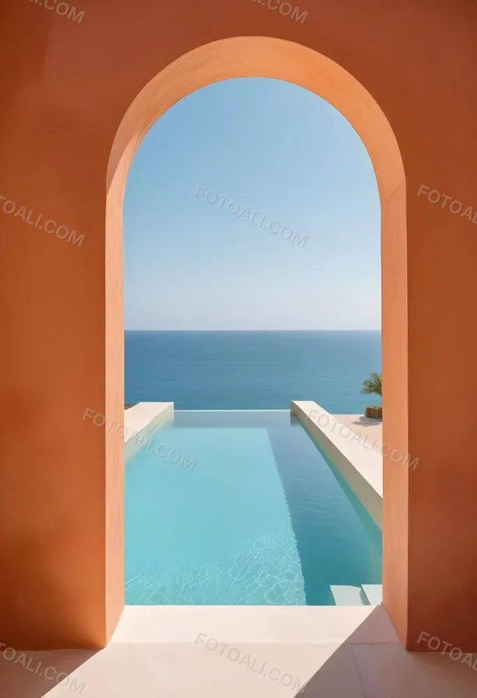 A Modern Infinity Pool Overlooking A Calm Turquoise Ocean Under A Clear Sky Framed By An Arched Doorway With Orange Walls 3 0480