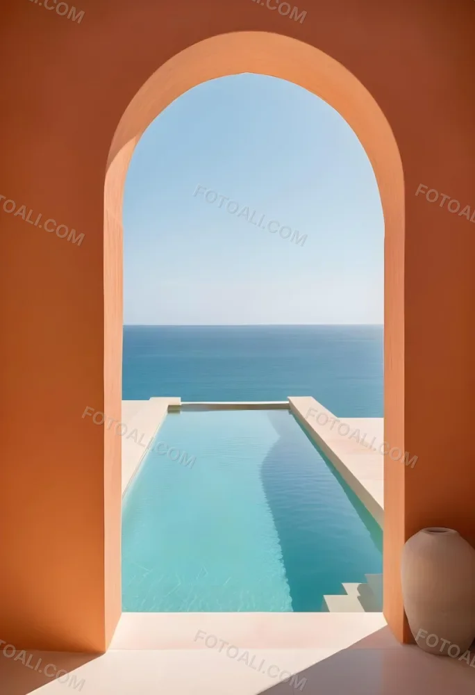 A Modern Infinity Pool Overlooking A Calm Turquoise Ocean Under A Clear Sky Framed By An Arched Doorway With Orange Walls 6 0816