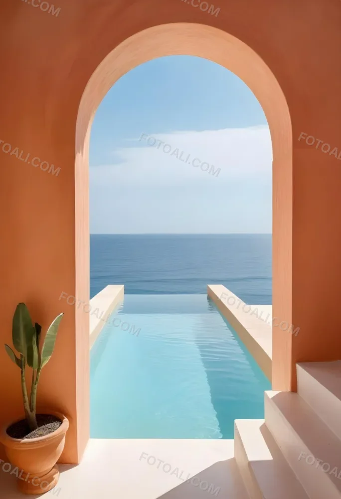 A Modern Infinity Pool Overlooking A Calm Turquoise Ocean Under A Clear Sky Framed By An Arched Doorway With Orange Walls 7 104c