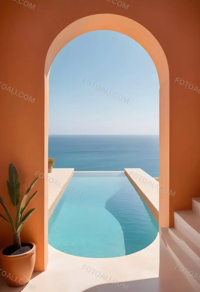 A Modern Infinity Pool Overlooking A Calm Turquoise Ocean Under A Clear Sky Framed By An Arched Doorway With Orange Walls 8 48f9