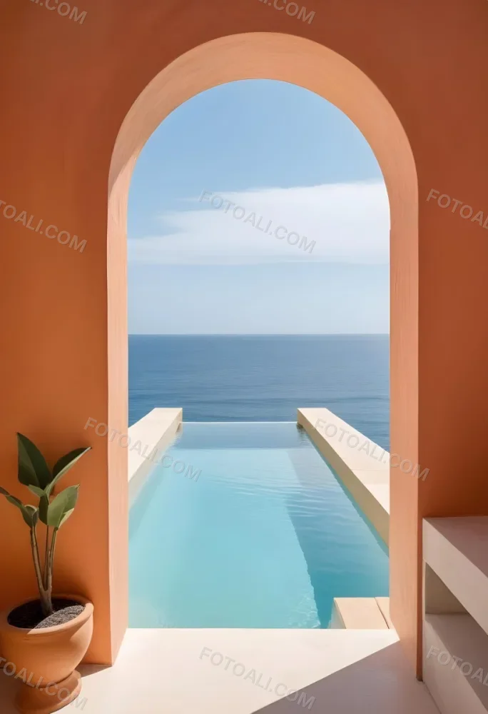 A Modern Infinity Pool Overlooking A Calm Turquoise Ocean Under A Clear Sky Framed By An Arched Doorway With Orange Walls 9 1e9d