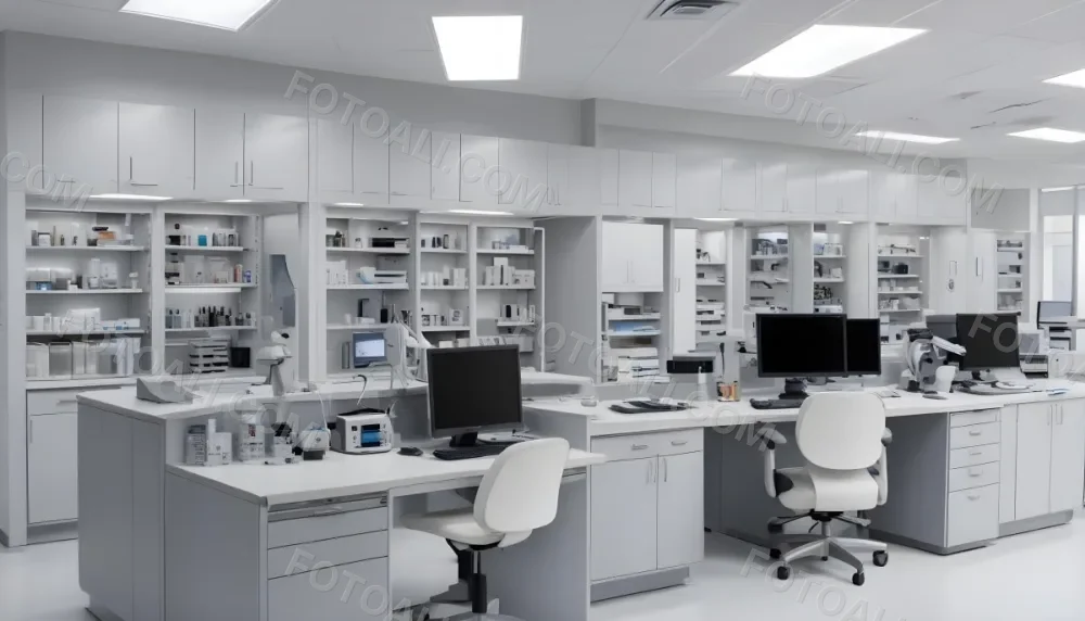A Modern Laboratory Interior Featuring Multiple Workstations Storage Cabinets And Scientific Equipment The Space Is Well Lit With Overhead Fluorescent Lights And The Walls Are A Combination Of White And Light Gra 11 3649