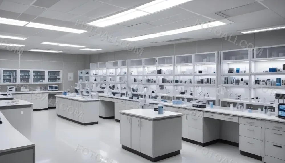 A Modern Laboratory Interior Featuring Multiple Workstations Storage Cabinets And Scientific Equipment The Space Is Well Lit With Overhead Fluorescent Lights And The Walls Are A Combination Of White And Light Gra 12 81a9