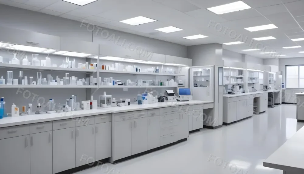A Modern Laboratory Interior Featuring Multiple Workstations Storage Cabinets And Scientific Equipment The Space Is Well Lit With Overhead Fluorescent Lights And The Walls Are A Combination Of White And Light Gra 3 D130