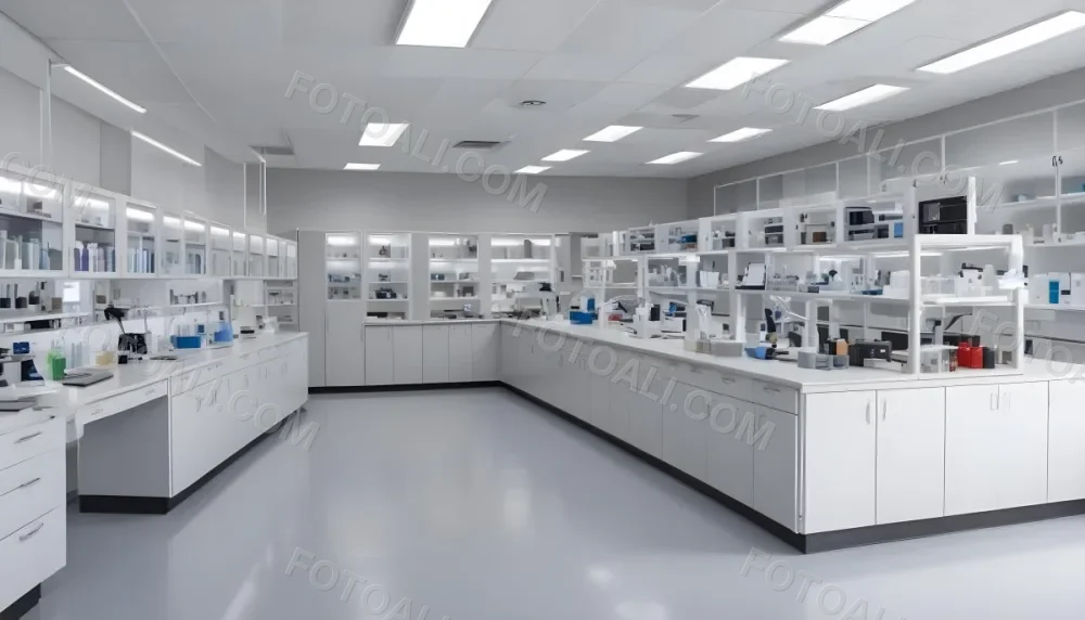 A Modern Laboratory Interior Featuring Multiple Workstations Storage Cabinets And Scientific Equipment The Space Is Well Lit With Overhead Fluorescent Lights And The Walls Are A Combination Of White And Light Gra 7 8d04