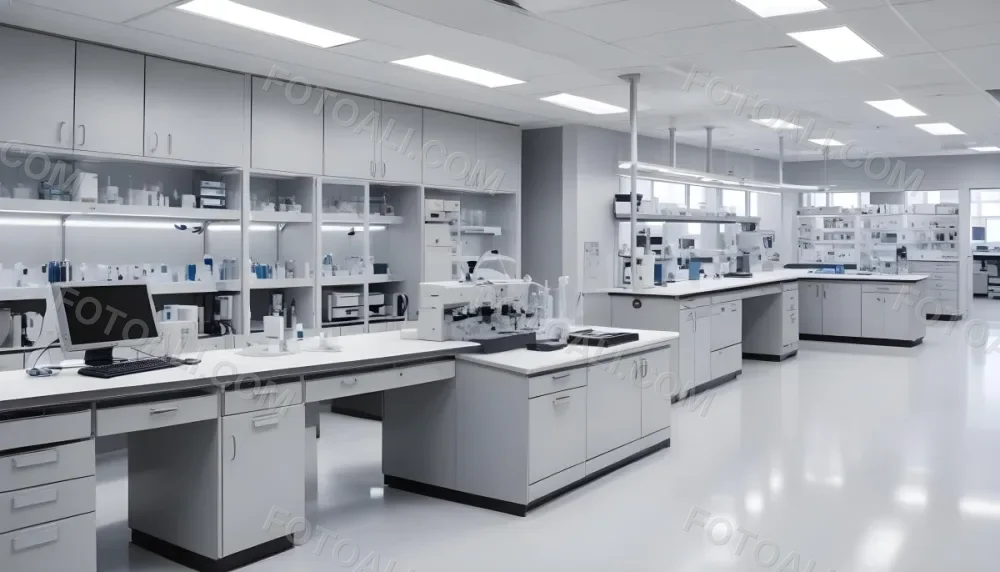 A Modern Laboratory Interior Featuring Multiple Workstations Storage Cabinets And Scientific Equipment The Space Is Well Lit With Overhead Fluorescent Lights And The Walls Are A Combination Of White And Light Gra 8 3163