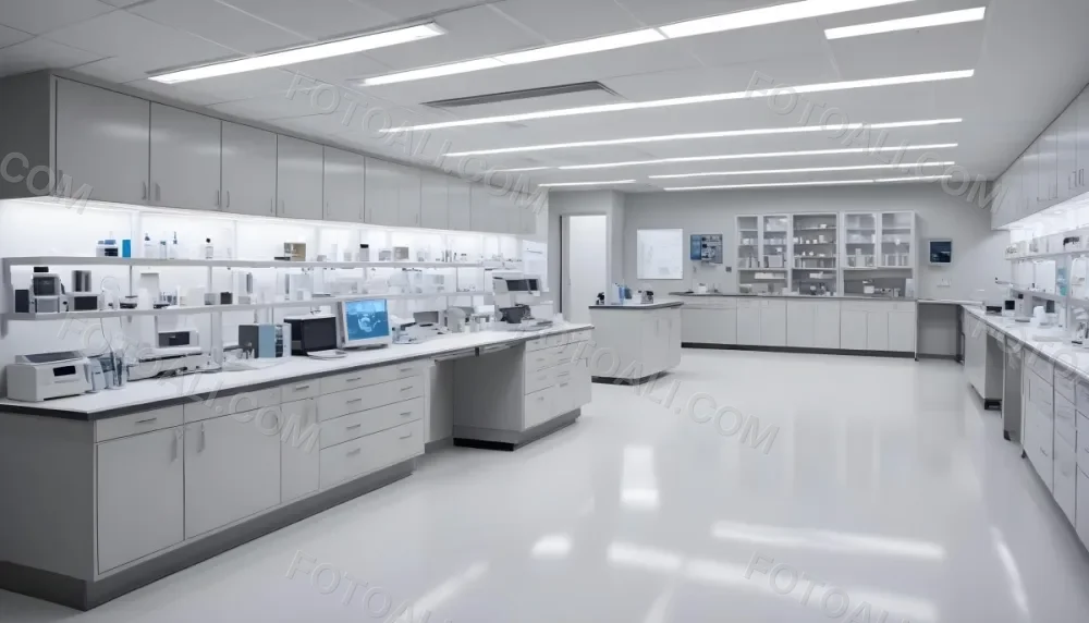 A Modern Laboratory Interior Featuring Multiple Workstations Storage Cabinets And Scientific Equipment The Space Is Well Lit With Overhead Fluorescent Lights And The Walls Are A Combination Of White And Light Gra 9 8094