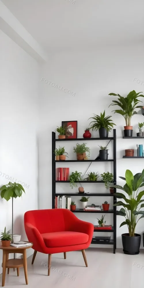 A Modern Living Room With A Black Bookshelf Filled With Plants A Red Sofa And Some Potted Plants On The Shelves 1 7f92