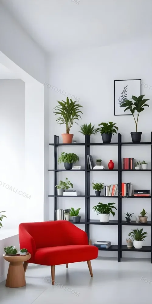 A Modern Living Room With A Black Bookshelf Filled With Plants A Red Sofa And Some Potted Plants On The Shelves 15 Dc6b