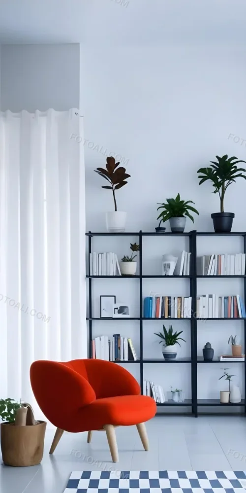 A Modern Living Room With A Black Bookshelf Filled With Plants A Red Sofa And Some Potted Plants On The Shelves 19 Bb2a