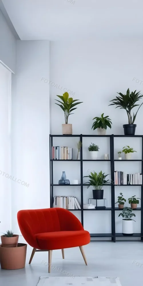 A Modern Living Room With A Black Bookshelf Filled With Plants A Red Sofa And Some Potted Plants On The Shelves 22 Fa05