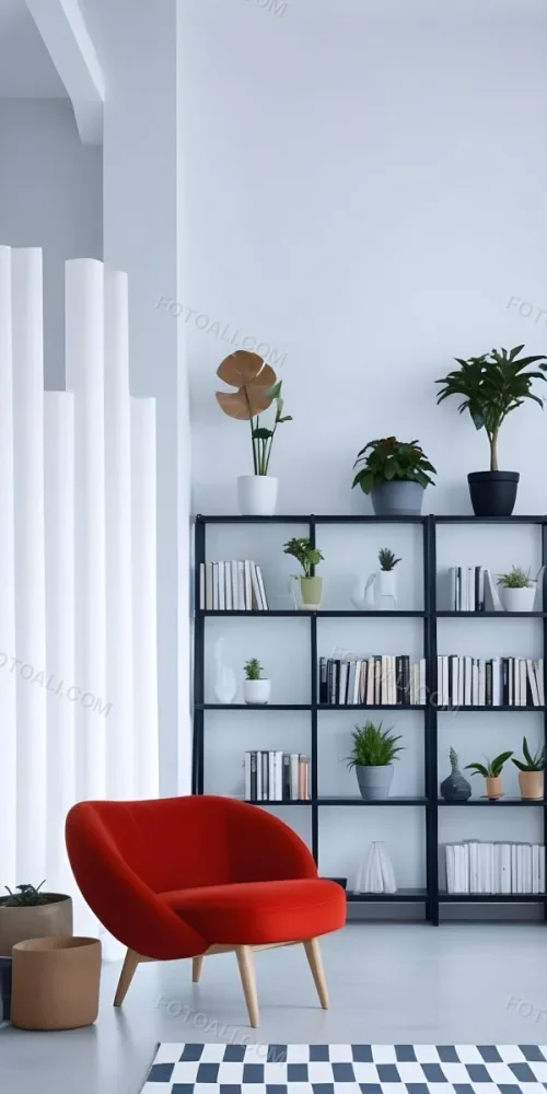 A Modern Living Room With A Black Bookshelf Filled With Plants A Red Sofa And Some Potted Plants On The Shelves 26 8374