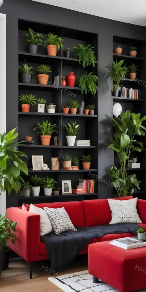 A Modern Living Room With A Black Bookshelf Filled With Plants A Red Sofa And Some Potted Plants On The Shelves 28 24e1