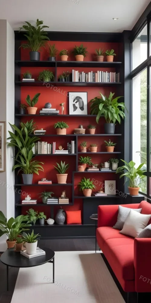 A Modern Living Room With A Black Bookshelf Filled With Plants A Red Sofa And Some Potted Plants On The Shelves 4 09dc