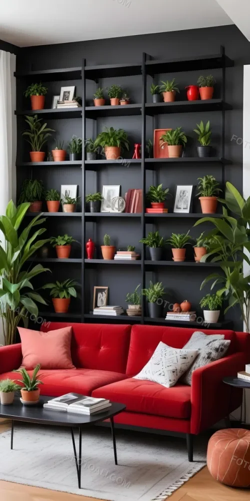 A Modern Living Room With A Black Bookshelf Filled With Plants A Red Sofa And Some Potted Plants On The Shelves 5 7fb6