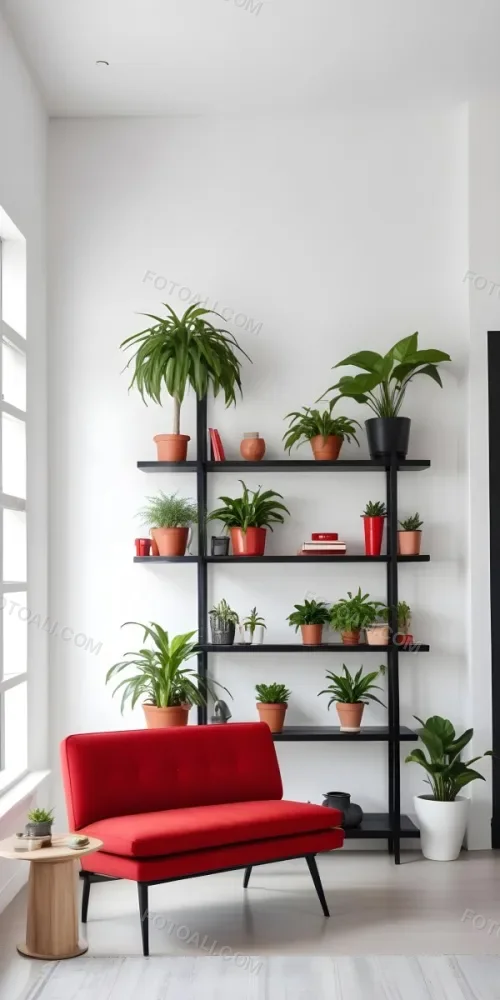 A Modern Living Room With A Black Bookshelf Filled With Plants A Red Sofa And Some Potted Plants On The Shelves 6 B8b5