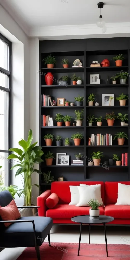 A Modern Living Room With A Black Bookshelf Filled With Plants A Red Sofa And Some Potted Plants On The Shelves 9 867c