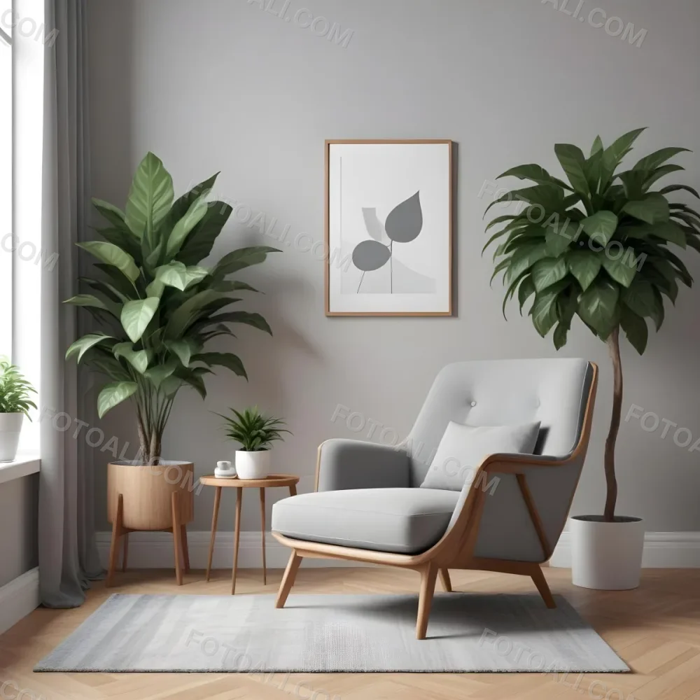 A Modern Living Room With A Gray Armchair A White Framed Wall Art And A Wooden Side Table With A Potted Plant 10 61d6