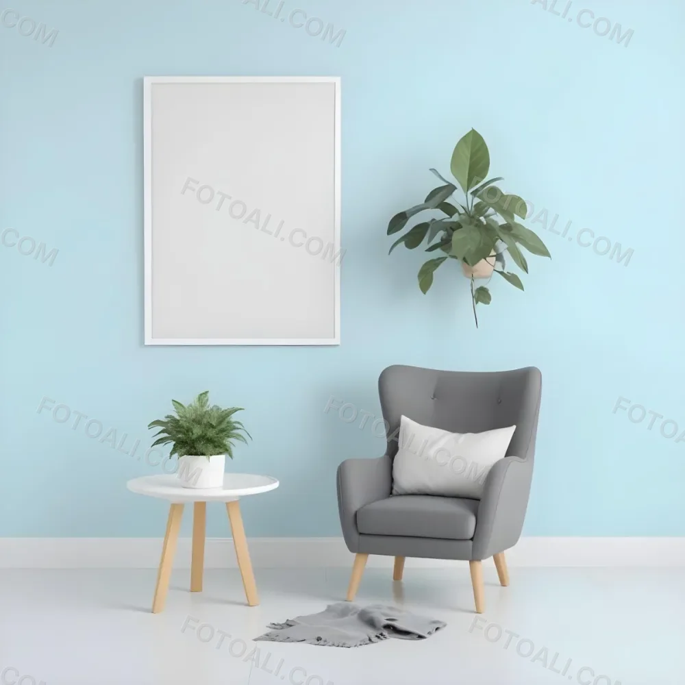 A Modern Living Room With A Gray Armchair A White Framed Wall Art And A Wooden Side Table With A Potted Plant 18 493f