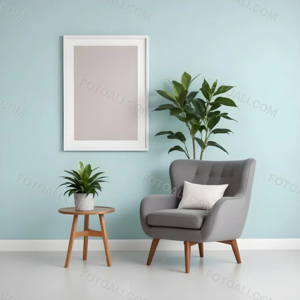 A Modern Living Room With A Gray Armchair A White Framed Wall Art And A Wooden Side Table With A Potted Plant 27 E139