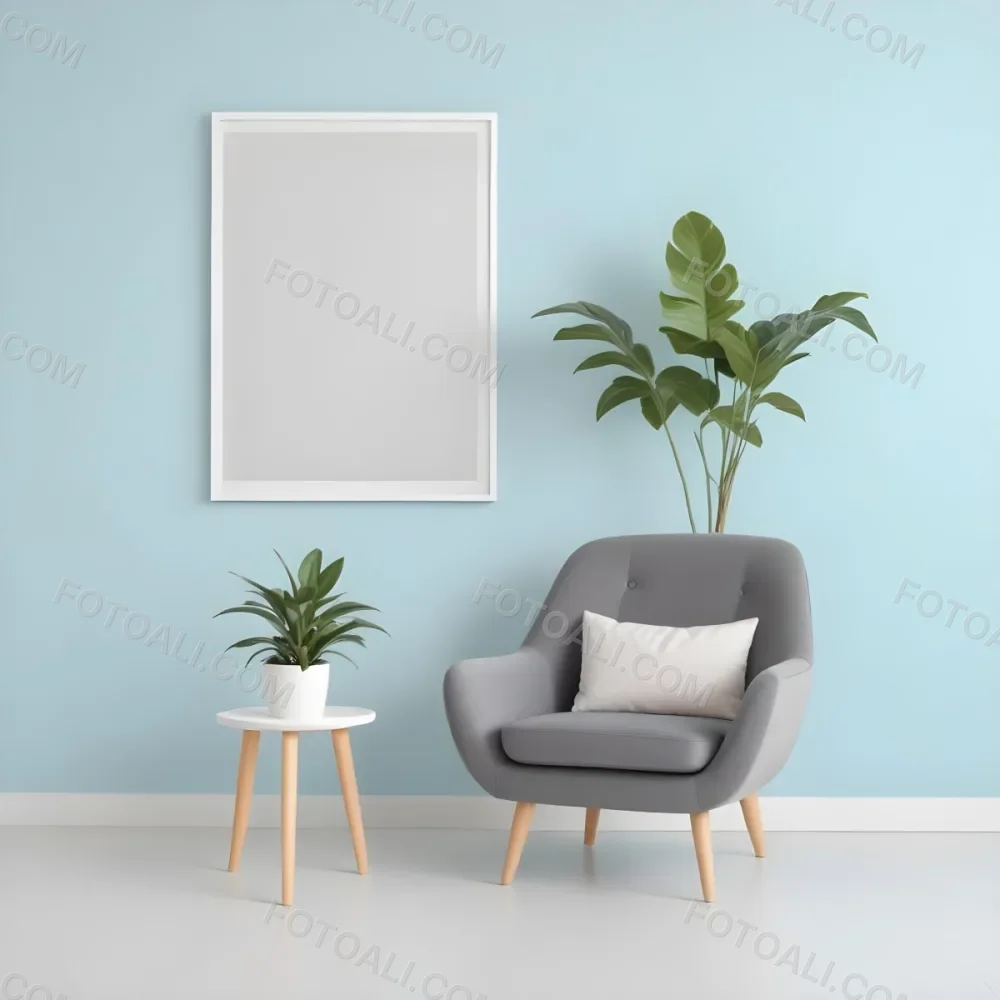 A Modern Living Room With A Gray Armchair A White Framed Wall Art And A Wooden Side Table With A Potted Plant 30 7ed8