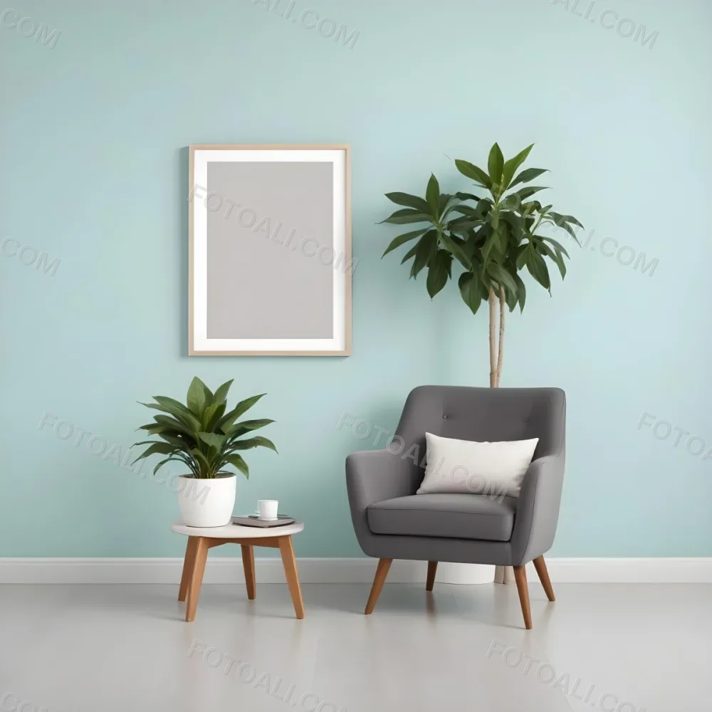 A Modern Living Room With A Gray Armchair A White Framed Wall Art And A Wooden Side Table With A Potted Plant 36 B0f9