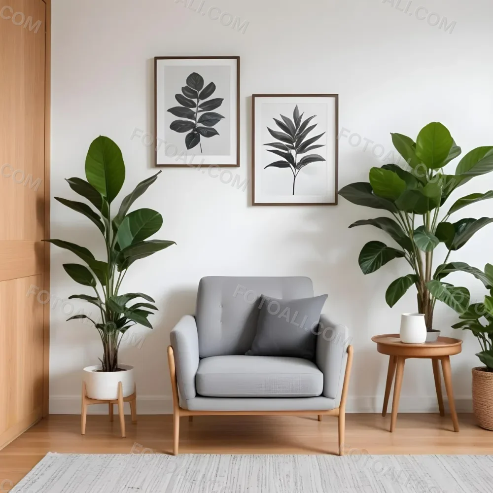 A Modern Living Room With A Gray Armchair A White Framed Wall Art And A Wooden Side Table With A Potted Plant 45 Cbb9