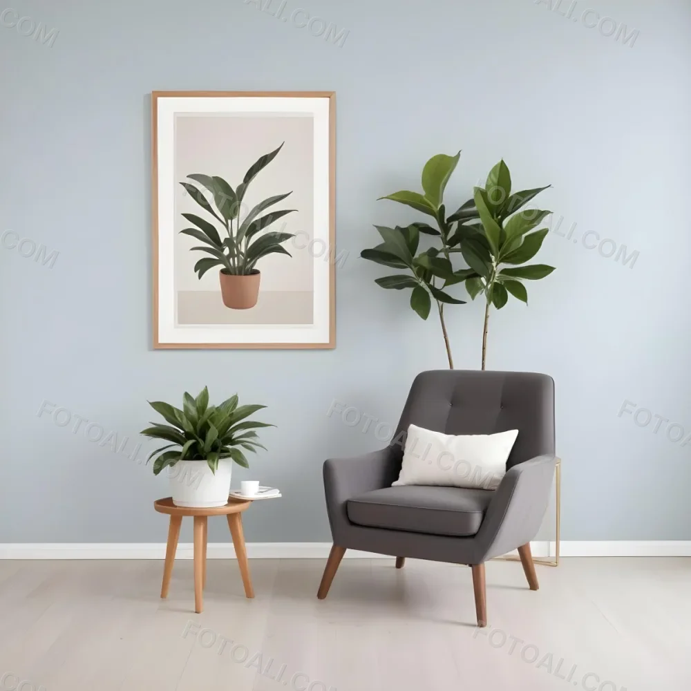 A Modern Living Room With A Gray Armchair A White Framed Wall Art And A Wooden Side Table With A Potted Plant 49 1144