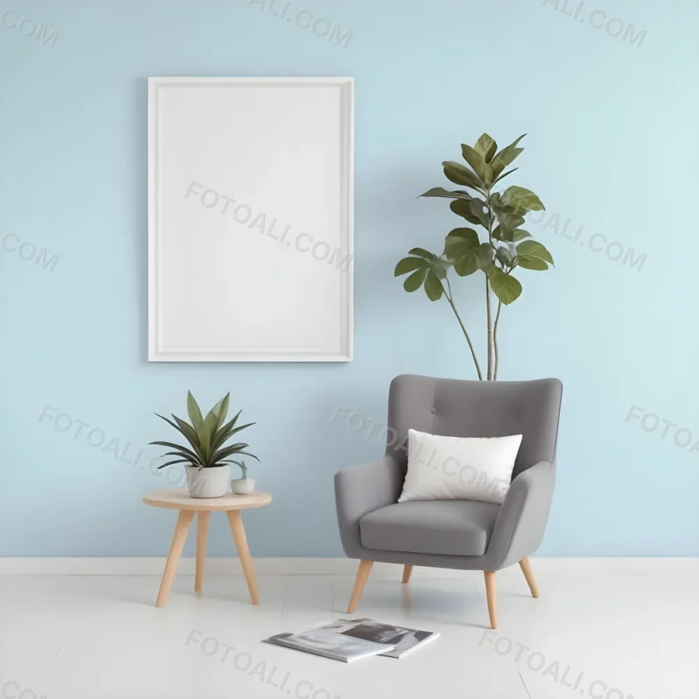 A Modern Living Room With A Gray Armchair A White Framed Wall Art And A Wooden Side Table With A Potted Plant 56 4a3a