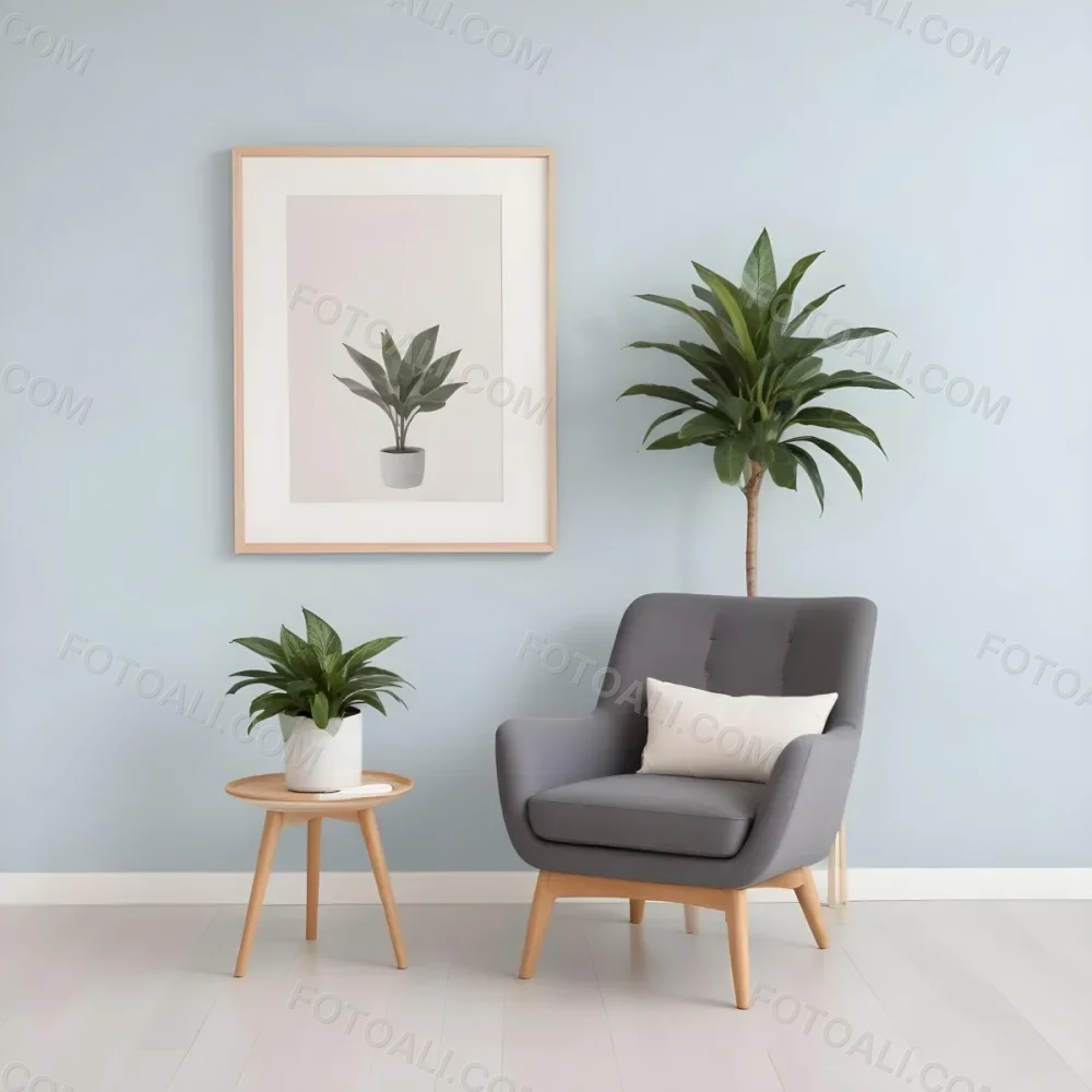 A Modern Living Room With A Gray Armchair A White Framed Wall Art And A Wooden Side Table With A Potted Plant 60 8533