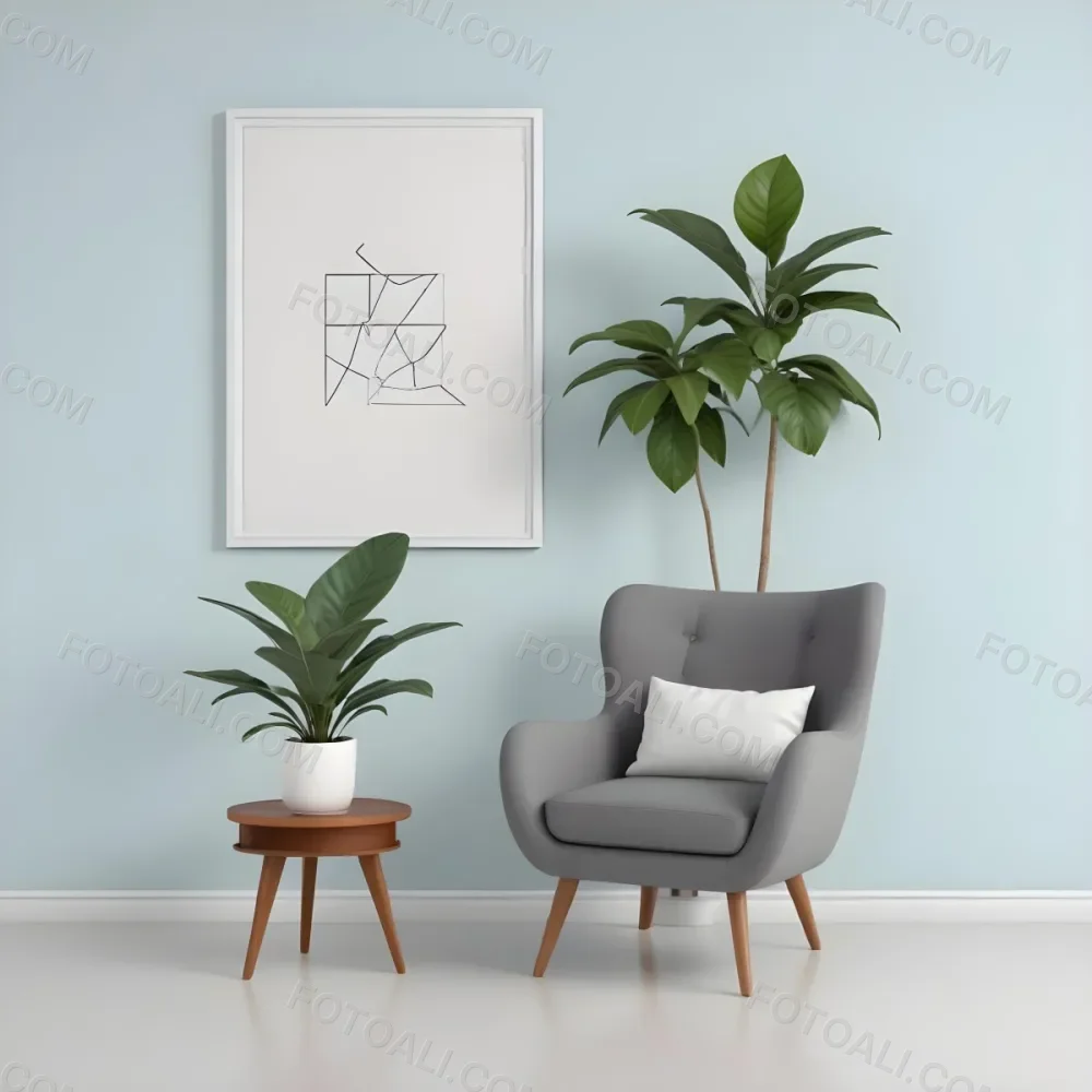 A Modern Living Room With A Gray Armchair A White Framed Wall Art And A Wooden Side Table With A Potted Plant 8 72d4