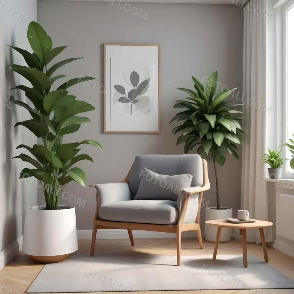 A Modern Living Room With A Gray Armchair A White Framed Wall Art And A Wooden Side Table With A Potted Plant 9 90d6