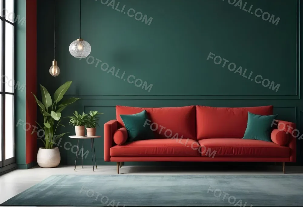 A Modern Living Room With A Red Sofa Potted Plants And Hanging Light Fixtures Against A Dark Green Wall 1 A257
