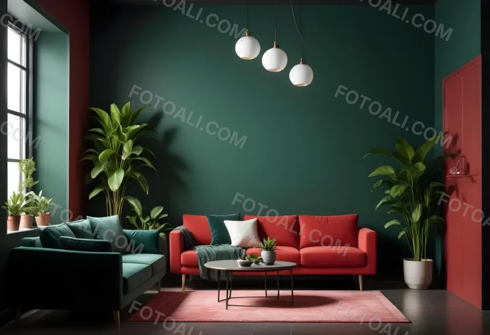 A Modern Living Room With A Red Sofa Potted Plants And Hanging Light Fixtures Against A Dark Green Wall 10 Abaf