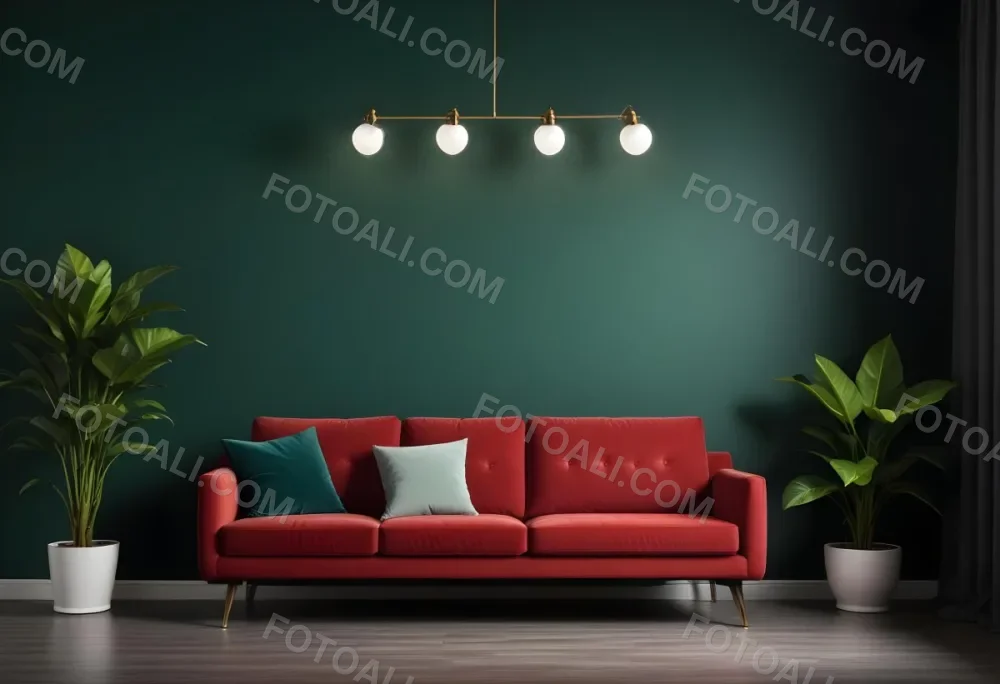 A Modern Living Room With A Red Sofa Potted Plants And Hanging Light Fixtures Against A Dark Green Wall 11 521b