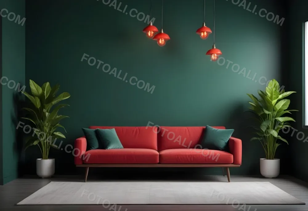 A Modern Living Room With A Red Sofa Potted Plants And Hanging Light Fixtures Against A Dark Green Wall 2 53ef