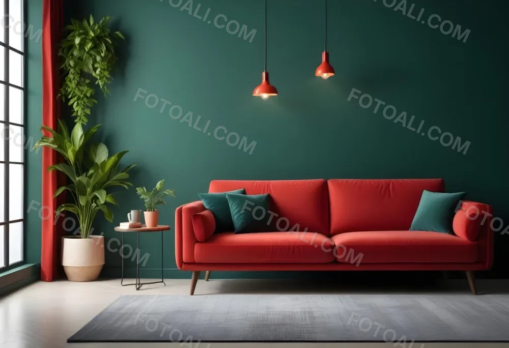 A Modern Living Room With A Red Sofa Potted Plants And Hanging Light Fixtures Against A Dark Green Wall 3 Be00