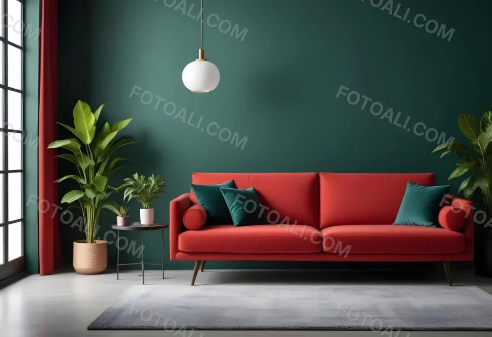 A Modern Living Room With A Red Sofa Potted Plants And Hanging Light Fixtures Against A Dark Green Wall 4 63e4