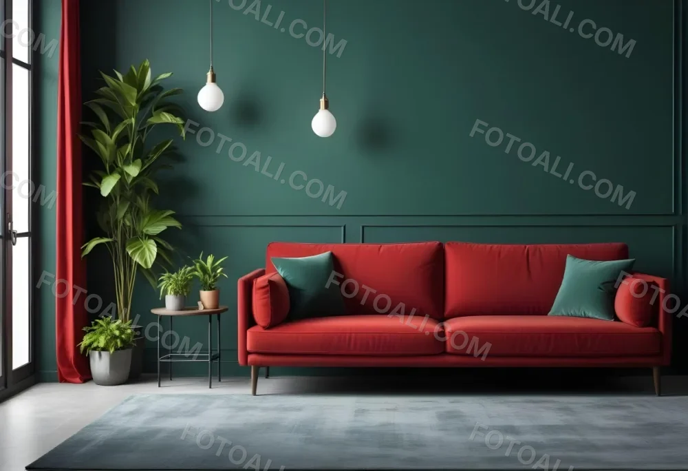 A Modern Living Room With A Red Sofa Potted Plants And Hanging Light Fixtures Against A Dark Green Wall 5 4424