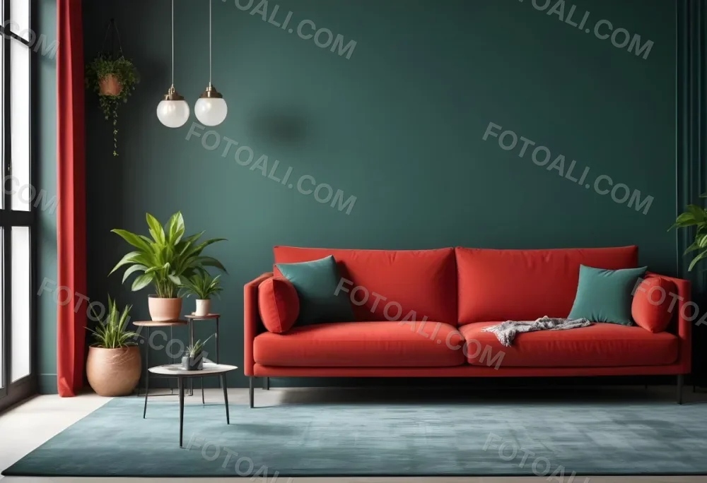 A Modern Living Room With A Red Sofa Potted Plants And Hanging Light Fixtures Against A Dark Green Wall 6 61a0