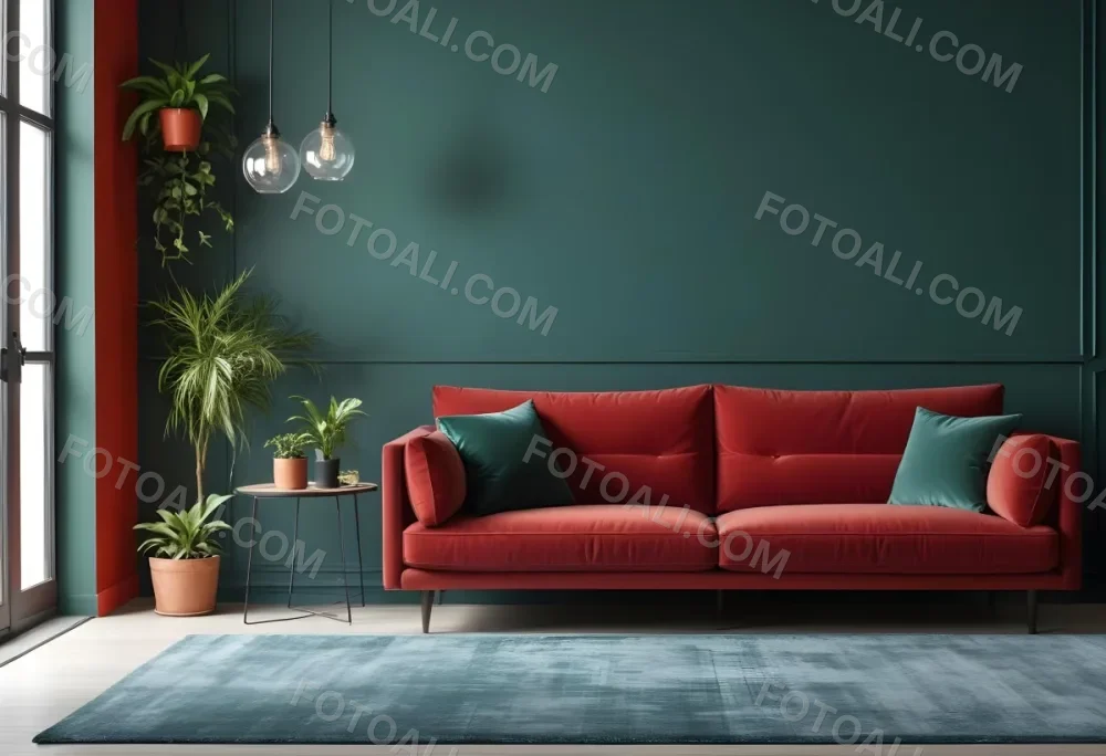 A Modern Living Room With A Red Sofa Potted Plants And Hanging Light Fixtures Against A Dark Green Wall 9 297d