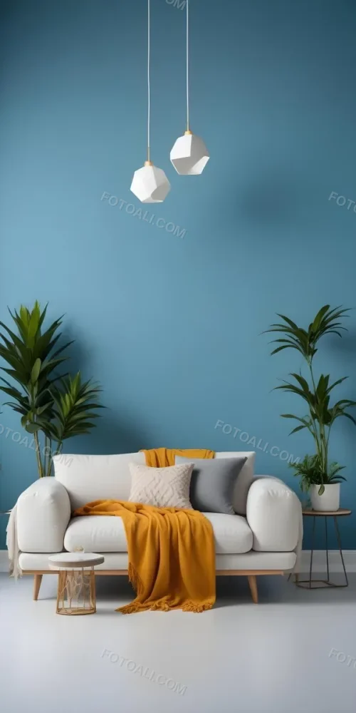 A Modern Living Room With A White Sofa A Potted Plant And Geometric Pendant Lights Hanging From The Ceiling Against A Blue Wall 11 E655